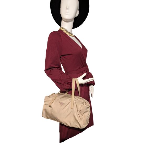 AUTH PRADA Nylon Tessuto Leather Top Handles Bag Beige Exterior side Pocket - Picture 6 of 7